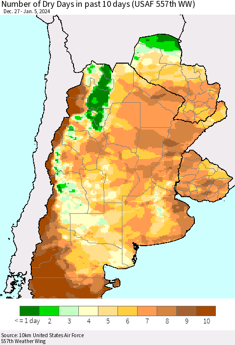 Southern South America Number of Dry Days in past 10 days (USAF 557th WW) Thematic Map For 1/1/2024 - 1/5/2024