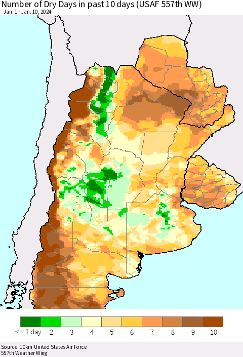 Southern South America Number of Dry Days in past 10 days (USAF 557th WW) Thematic Map For 1/6/2024 - 1/10/2024