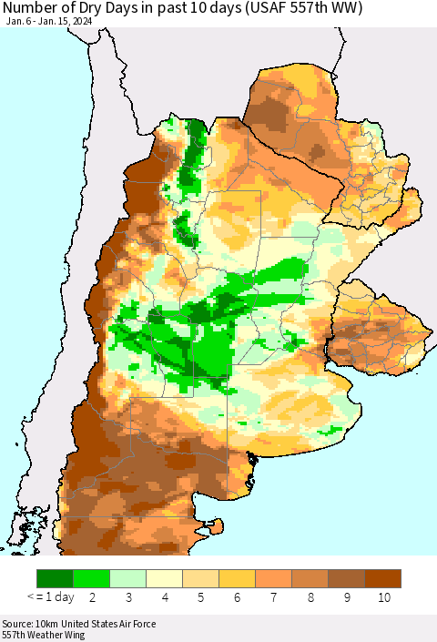 Southern South America Number of Dry Days in past 10 days (USAF 557th WW) Thematic Map For 1/11/2024 - 1/15/2024