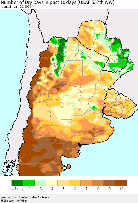 Southern South America Number of Dry Days in past 10 days (USAF 557th WW) Thematic Map For 1/16/2024 - 1/20/2024