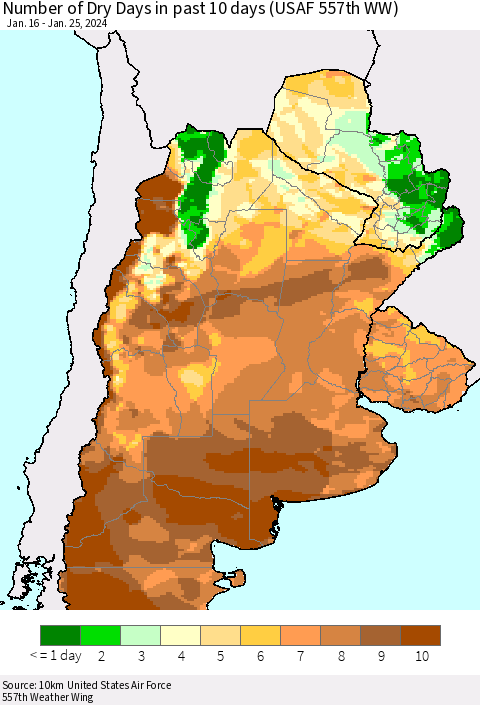 Southern South America Number of Dry Days in past 10 days (USAF 557th WW) Thematic Map For 1/21/2024 - 1/25/2024