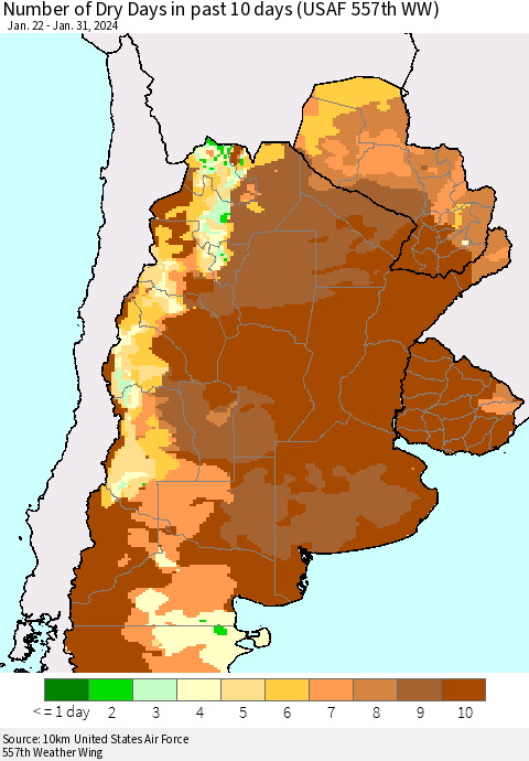 Southern South America Number of Dry Days in past 10 days (USAF 557th WW) Thematic Map For 1/26/2024 - 1/31/2024