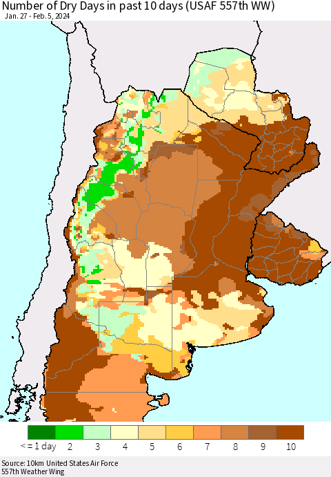 Southern South America Number of Dry Days in past 10 days (USAF 557th WW) Thematic Map For 2/1/2024 - 2/5/2024