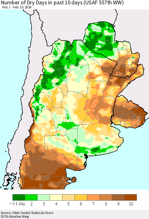 Southern South America Number of Dry Days in past 10 days (USAF 557th WW) Thematic Map For 2/6/2024 - 2/10/2024