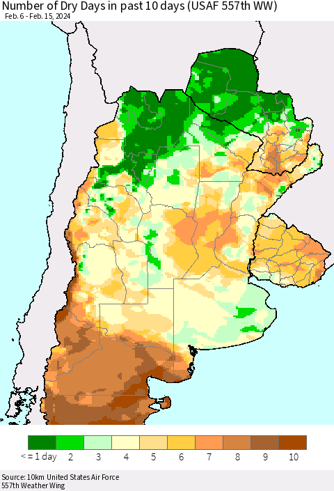 Southern South America Number of Dry Days in past 10 days (USAF 557th WW) Thematic Map For 2/11/2024 - 2/15/2024