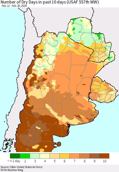 Southern South America Number of Dry Days in past 10 days (USAF 557th WW) Thematic Map For 2/16/2024 - 2/20/2024