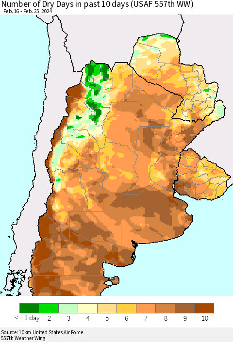 Southern South America Number of Dry Days in past 10 days (USAF 557th WW) Thematic Map For 2/21/2024 - 2/25/2024