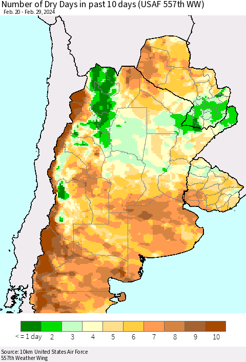 Southern South America Number of Dry Days in past 10 days (USAF 557th WW) Thematic Map For 2/26/2024 - 2/29/2024