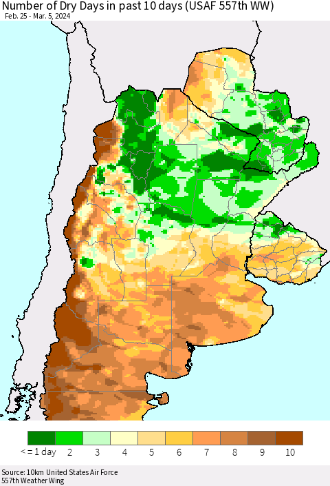 Southern South America Number of Dry Days in past 10 days (USAF 557th WW) Thematic Map For 3/1/2024 - 3/5/2024