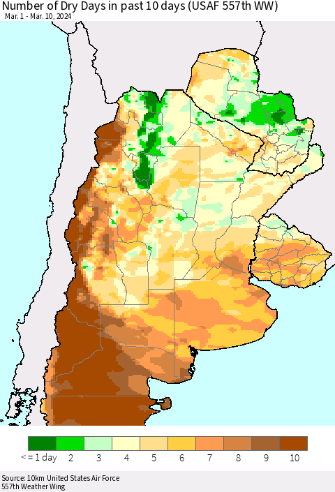 Southern South America Number of Dry Days in past 10 days (USAF 557th WW) Thematic Map For 3/6/2024 - 3/10/2024