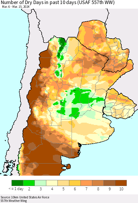 Southern South America Number of Dry Days in past 10 days (USAF 557th WW) Thematic Map For 3/11/2024 - 3/15/2024