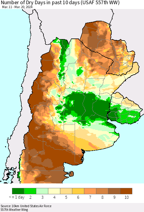 Southern South America Number of Dry Days in past 10 days (USAF 557th WW) Thematic Map For 3/16/2024 - 3/20/2024