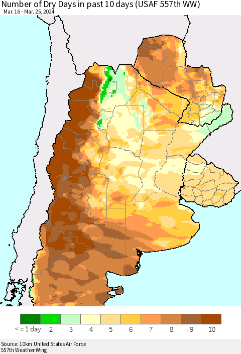 Southern South America Number of Dry Days in past 10 days (USAF 557th WW) Thematic Map For 3/21/2024 - 3/25/2024
