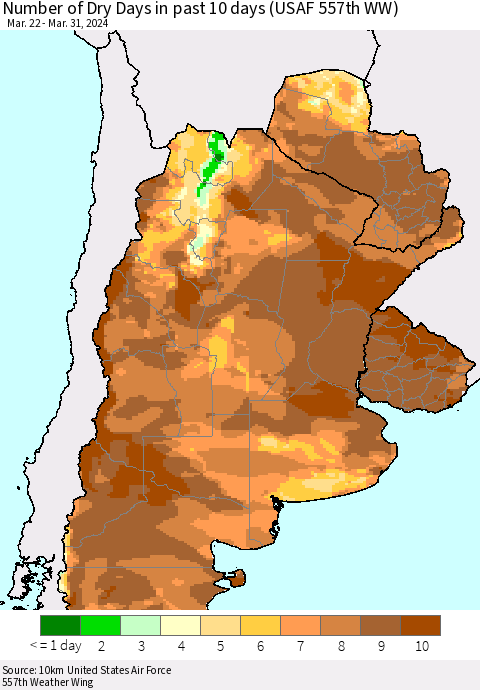 Southern South America Number of Dry Days in past 10 days (USAF 557th WW) Thematic Map For 3/26/2024 - 3/31/2024