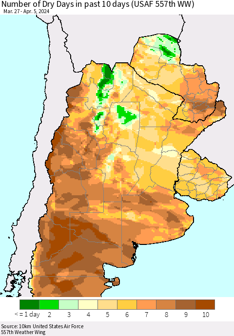 Southern South America Number of Dry Days in past 10 days (USAF 557th WW) Thematic Map For 4/1/2024 - 4/5/2024