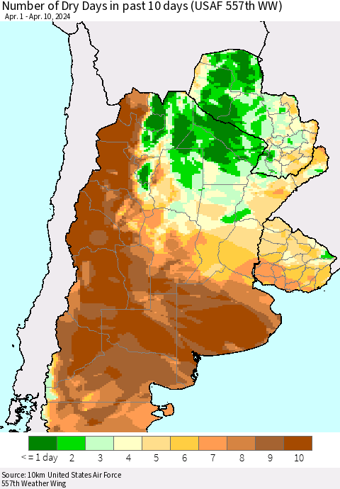 Southern South America Number of Dry Days in past 10 days (USAF 557th WW) Thematic Map For 4/6/2024 - 4/10/2024