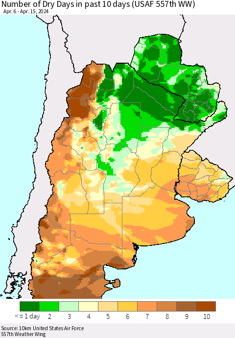 Southern South America Number of Dry Days in past 10 days (USAF 557th WW) Thematic Map For 4/11/2024 - 4/15/2024