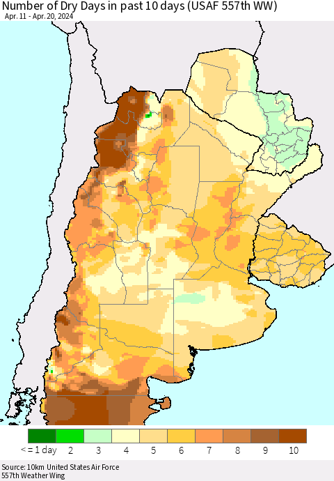 Southern South America Number of Dry Days in past 10 days (USAF 557th WW) Thematic Map For 4/16/2024 - 4/20/2024