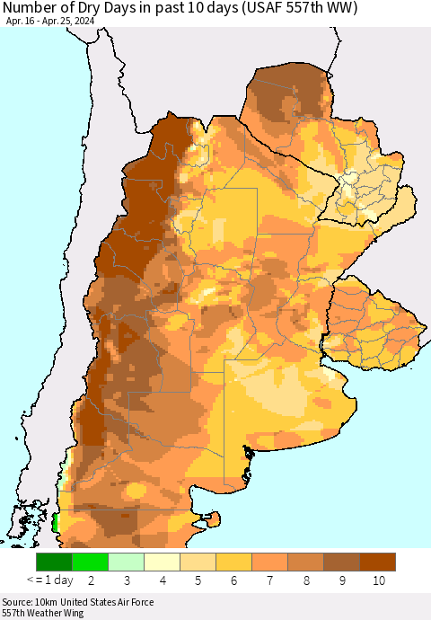 Southern South America Number of Dry Days in past 10 days (USAF 557th WW) Thematic Map For 4/21/2024 - 4/25/2024