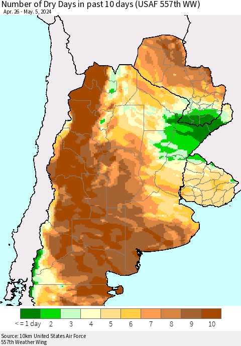 Southern South America Number of Dry Days in past 10 days (USAF 557th WW) Thematic Map For 5/1/2024 - 5/5/2024