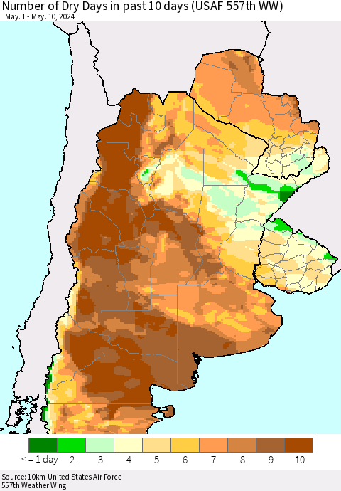 Southern South America Number of Dry Days in past 10 days (USAF 557th WW) Thematic Map For 5/6/2024 - 5/10/2024