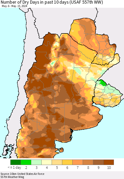 Southern South America Number of Dry Days in past 10 days (USAF 557th WW) Thematic Map For 5/11/2024 - 5/15/2024