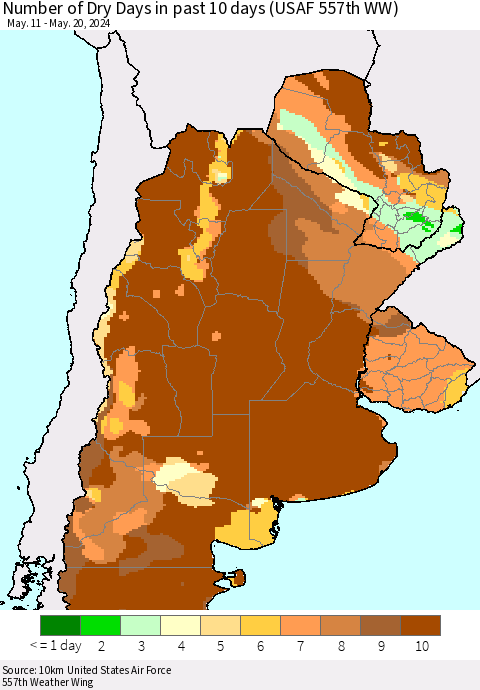 Southern South America Number of Dry Days in past 10 days (USAF 557th WW) Thematic Map For 5/16/2024 - 5/20/2024