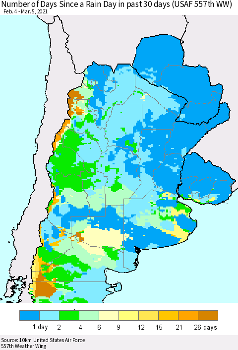 Southern South America Number of Days Since a Rain Day in past 30 days (USAF 557th WW) Thematic Map For 3/1/2021 - 3/5/2021