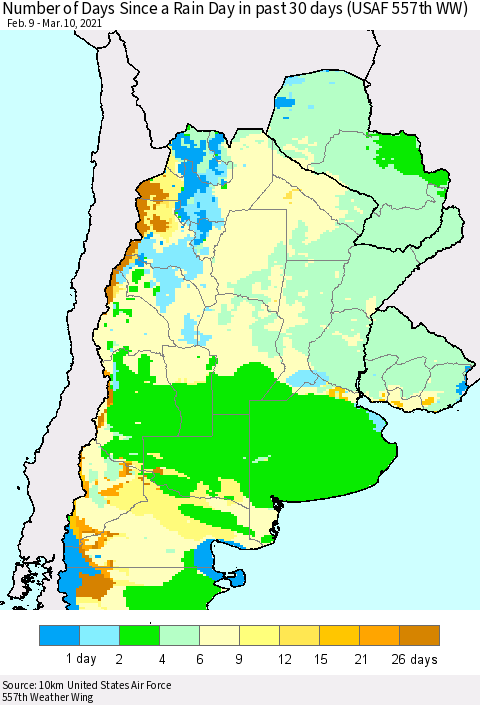 Southern South America Number of Days Since a Rain Day in past 30 days (USAF 557th WW) Thematic Map For 3/6/2021 - 3/10/2021