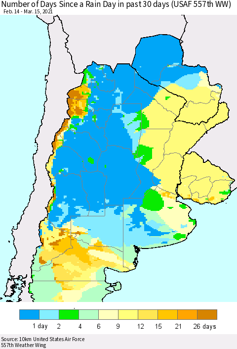 Southern South America Number of Days Since a Rain Day in past 30 days (USAF 557th WW) Thematic Map For 3/11/2021 - 3/15/2021