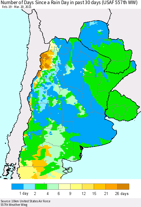 Southern South America Number of Days Since a Rain Day in past 30 days (USAF 557th WW) Thematic Map For 3/16/2021 - 3/20/2021