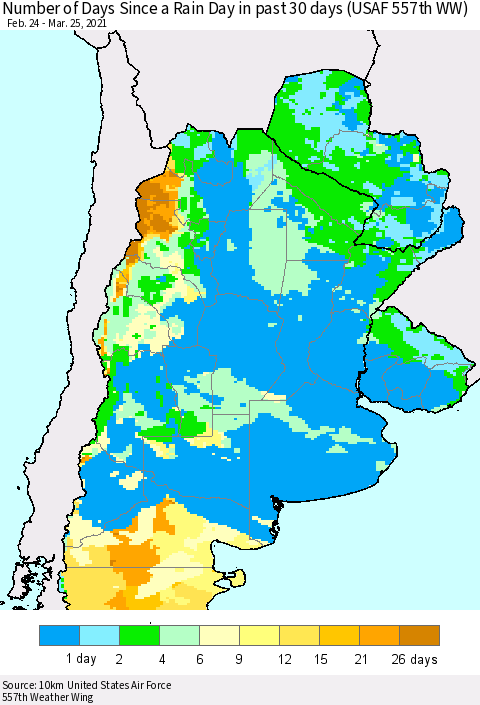 Southern South America Number of Days Since a Rain Day in past 30 days (USAF 557th WW) Thematic Map For 3/21/2021 - 3/25/2021