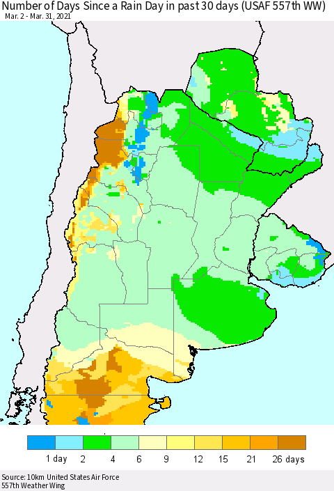 Southern South America Number of Days Since a Rain Day in past 30 days (USAF 557th WW) Thematic Map For 3/26/2021 - 3/31/2021