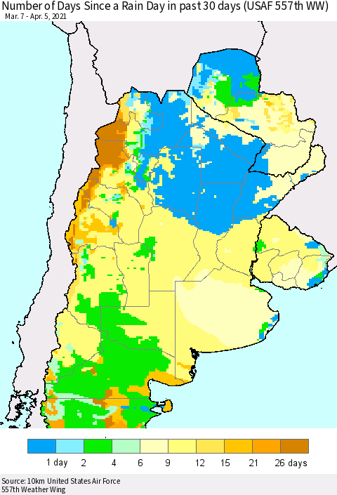 Southern South America Number of Days Since a Rain Day in past 30 days (USAF 557th WW) Thematic Map For 4/1/2021 - 4/5/2021