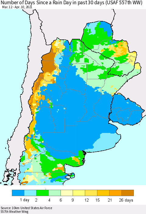Southern South America Number of Days Since a Rain Day in past 30 days (USAF 557th WW) Thematic Map For 4/6/2021 - 4/10/2021