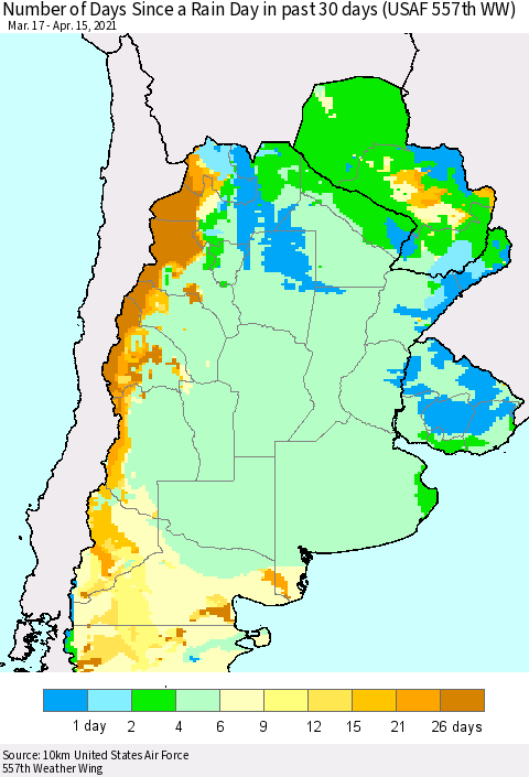 Southern South America Number of Days Since a Rain Day in past 30 days (USAF 557th WW) Thematic Map For 4/11/2021 - 4/15/2021