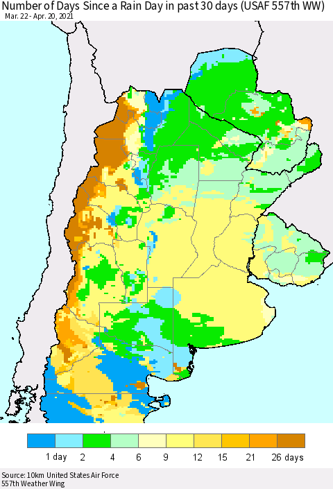 Southern South America Number of Days Since a Rain Day in past 30 days (USAF 557th WW) Thematic Map For 4/16/2021 - 4/20/2021