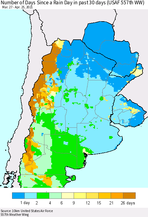 Southern South America Number of Days Since a Rain Day in past 30 days (USAF 557th WW) Thematic Map For 4/21/2021 - 4/25/2021