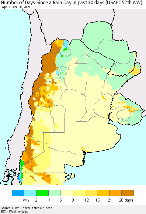 Southern South America Number of Days Since a Rain Day in past 30 days (USAF 557th WW) Thematic Map For 4/26/2021 - 4/30/2021