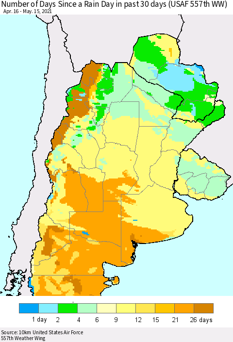 Southern South America Number of Days Since a Rain Day in past 30 days (USAF 557th WW) Thematic Map For 5/11/2021 - 5/15/2021