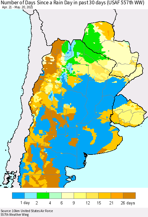 Southern South America Number of Days Since a Rain Day in past 30 days (USAF 557th WW) Thematic Map For 5/16/2021 - 5/20/2021