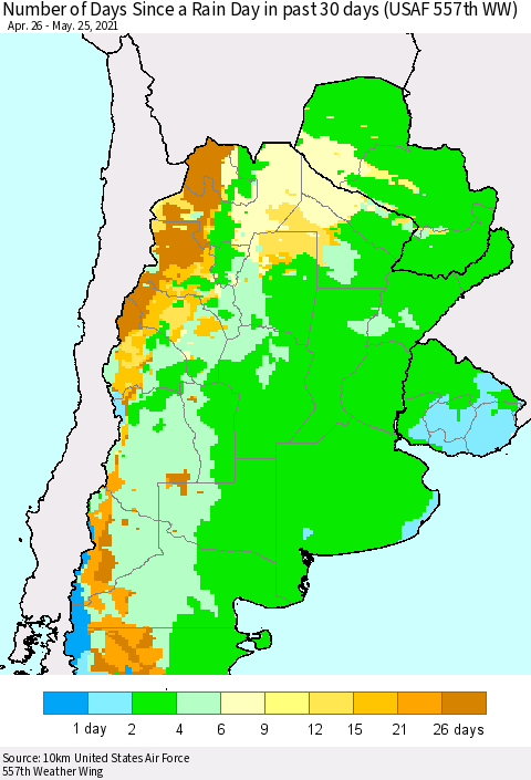 Southern South America Number of Days Since a Rain Day in past 30 days (USAF 557th WW) Thematic Map For 5/21/2021 - 5/25/2021