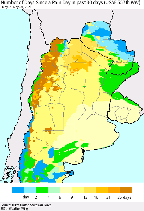 Southern South America Number of Days Since a Rain Day in past 30 days (USAF 557th WW) Thematic Map For 5/26/2021 - 5/31/2021
