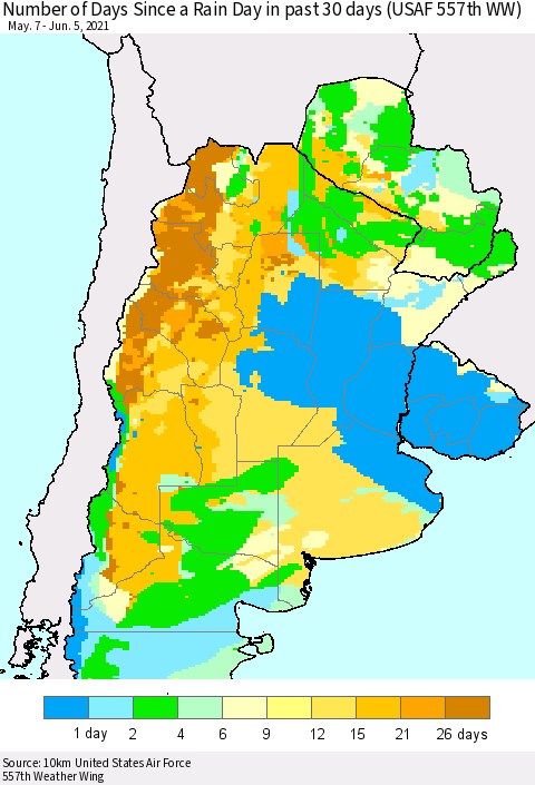 Southern South America Number of Days Since a Rain Day in past 30 days (USAF 557th WW) Thematic Map For 6/1/2021 - 6/5/2021