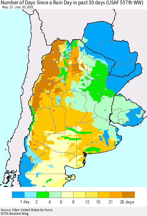 Southern South America Number of Days Since a Rain Day in past 30 days (USAF 557th WW) Thematic Map For 6/6/2021 - 6/10/2021