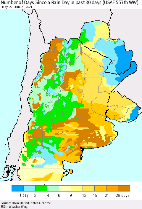 Southern South America Number of Days Since a Rain Day in past 30 days (USAF 557th WW) Thematic Map For 6/16/2021 - 6/20/2021