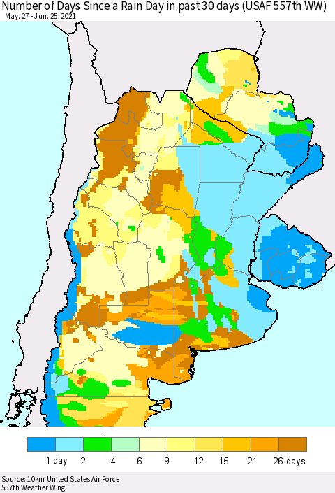 Southern South America Number of Days Since a Rain Day in past 30 days (USAF 557th WW) Thematic Map For 6/21/2021 - 6/25/2021