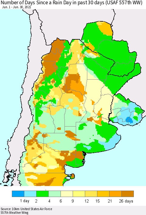 Southern South America Number of Days Since a Rain Day in past 30 days (USAF 557th WW) Thematic Map For 6/26/2021 - 6/30/2021