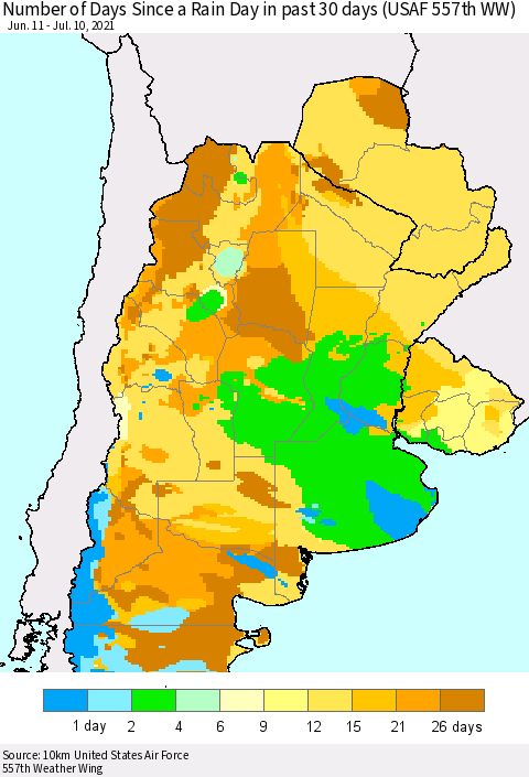 Southern South America Number of Days Since a Rain Day in past 30 days (USAF 557th WW) Thematic Map For 7/6/2021 - 7/10/2021