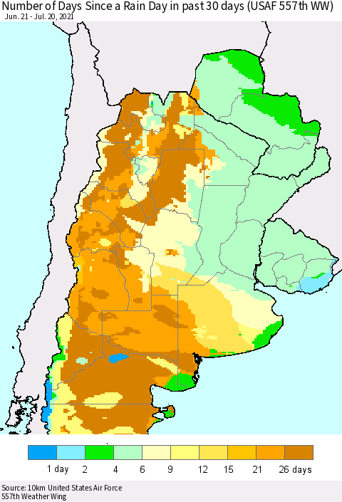 Southern South America Number of Days Since a Rain Day in past 30 days (USAF 557th WW) Thematic Map For 7/16/2021 - 7/20/2021